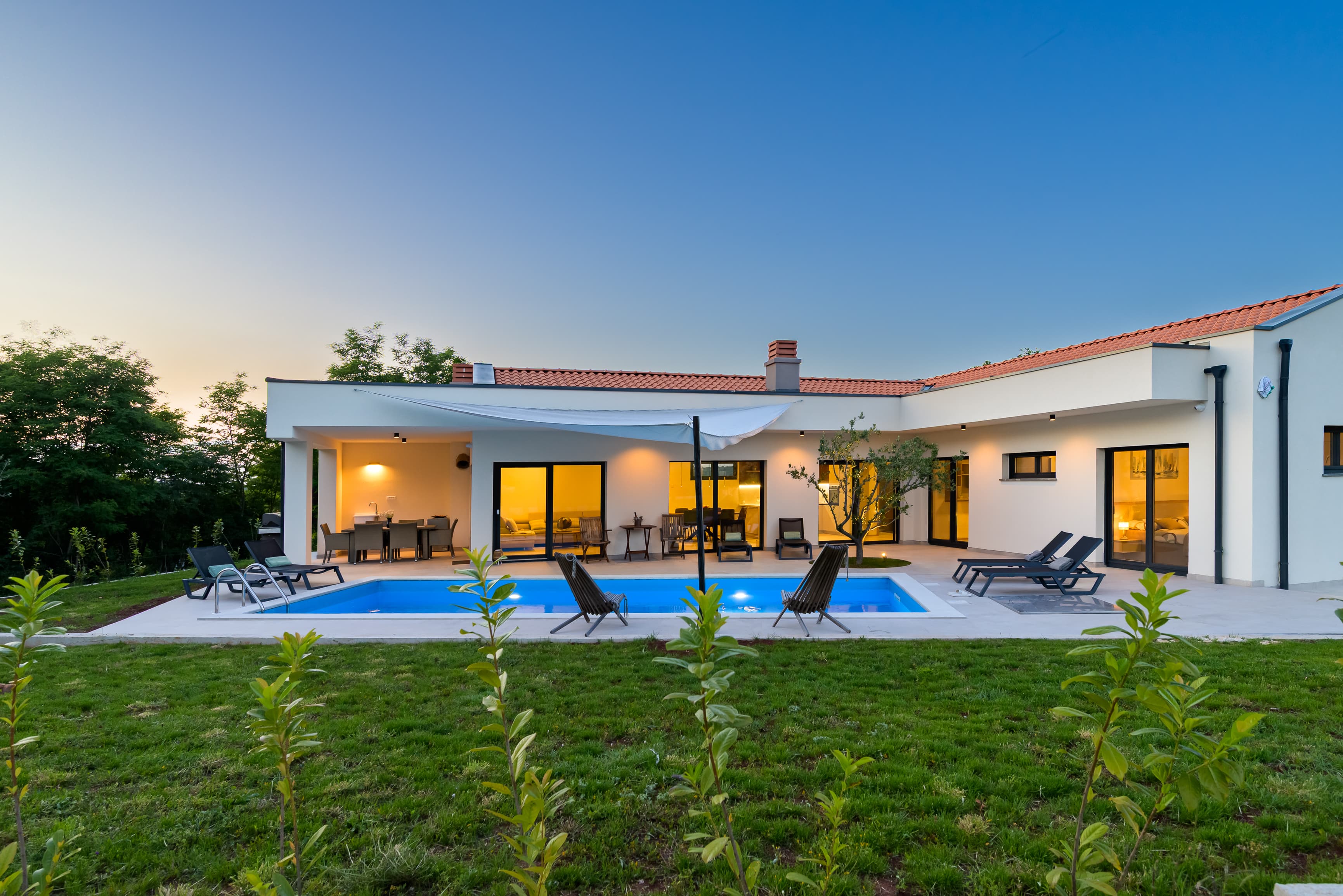 Villa Lim Silent at dusk with heated pool