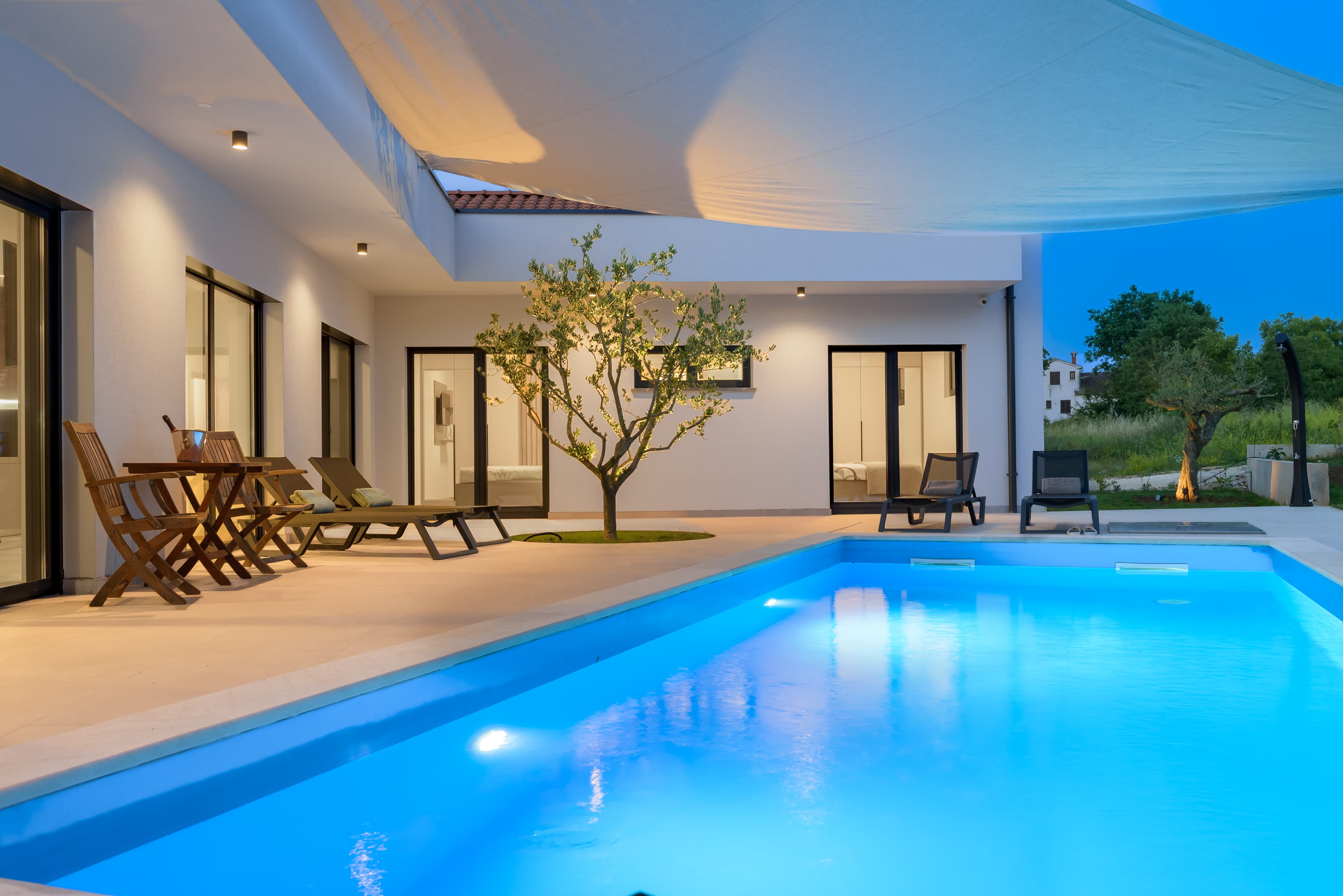 Evening pool terrace with olive tree
